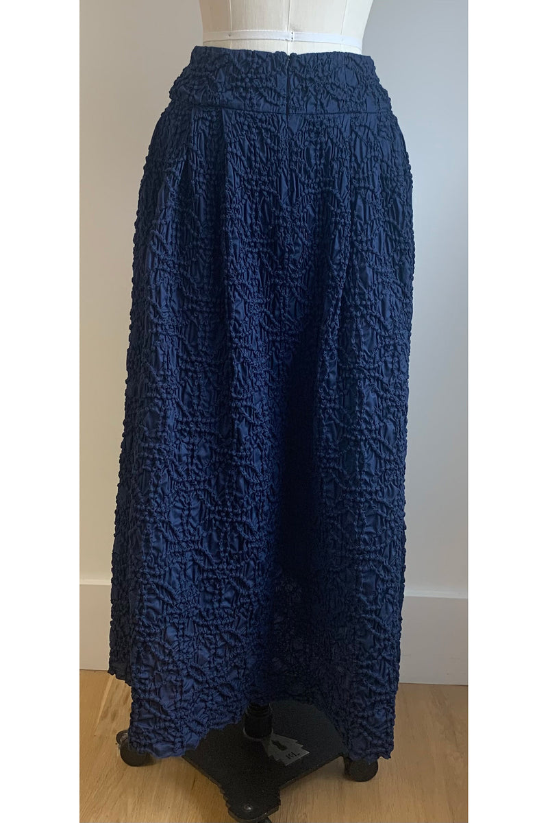 Load image into Gallery viewer, Midi Skirt Smocked Cloqué Navy ARCHIVE SALE