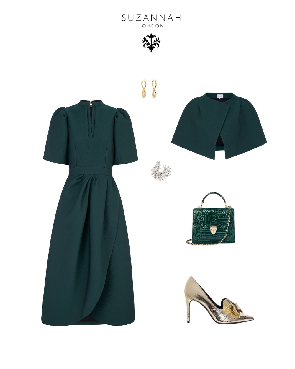 Load image into Gallery viewer, Delphine Dress Forest Green Cloqué