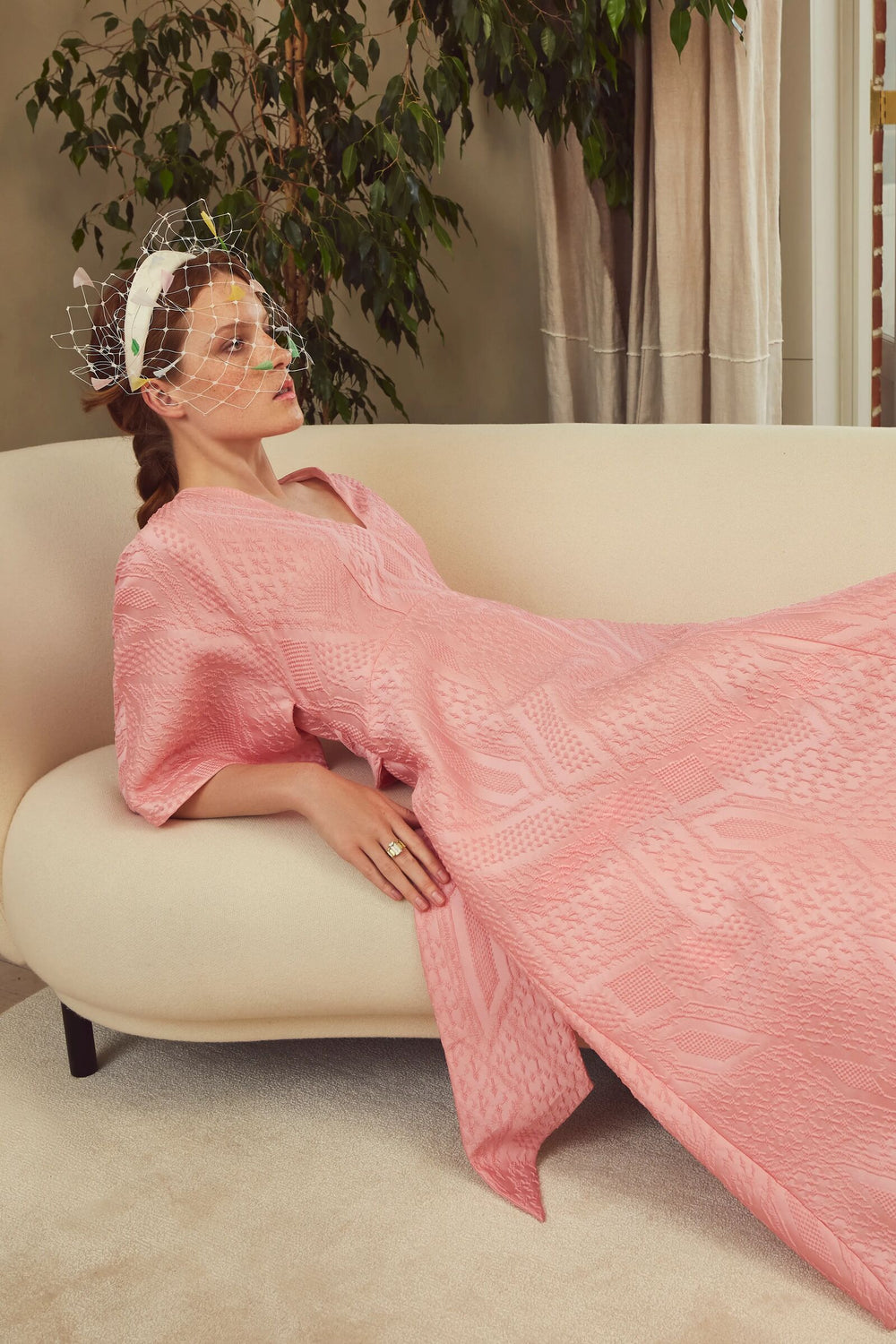 Load image into Gallery viewer, Katya Dress Coral Geometric Cloqué