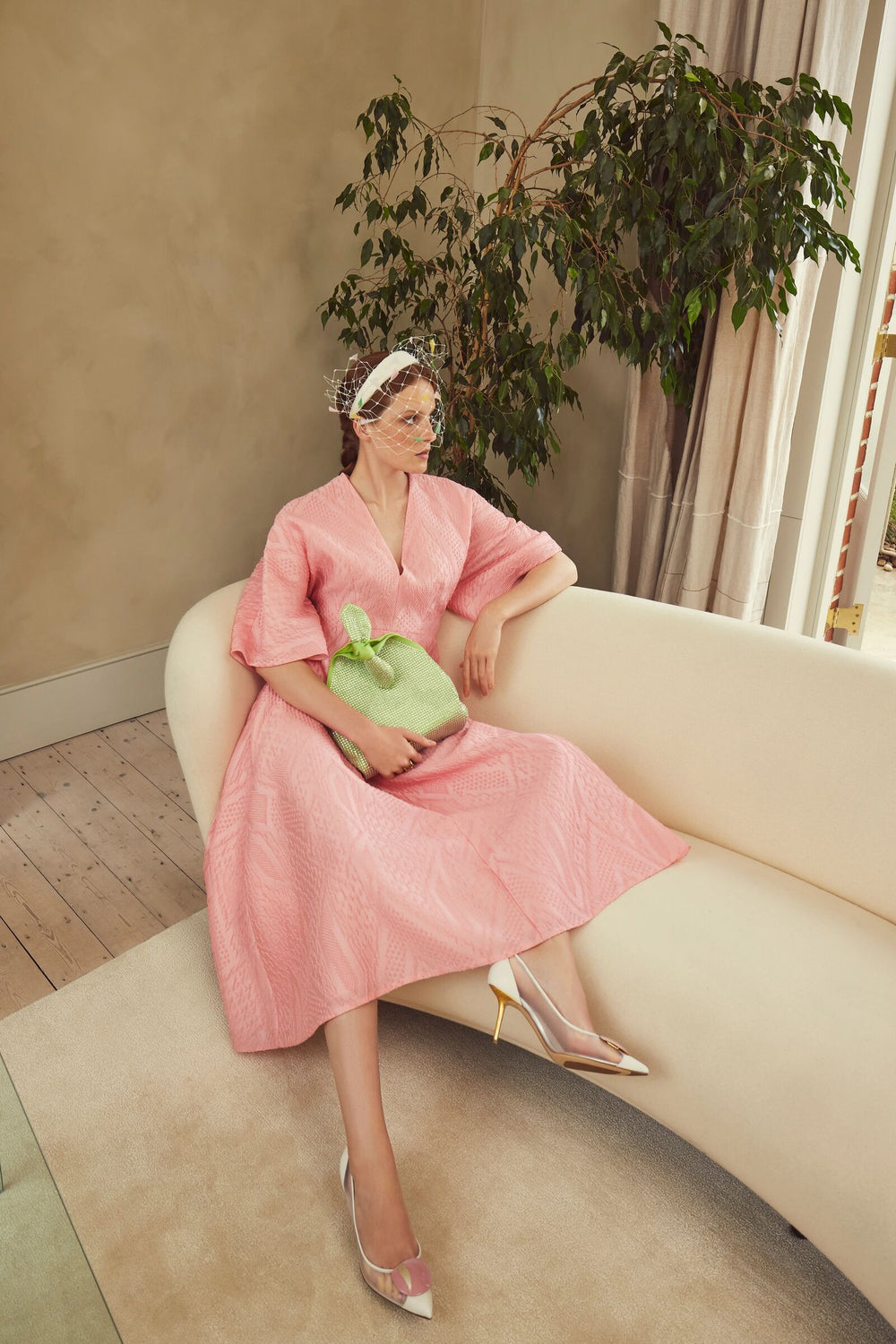 Load image into Gallery viewer, Katya Dress Coral Geometric Cloqué