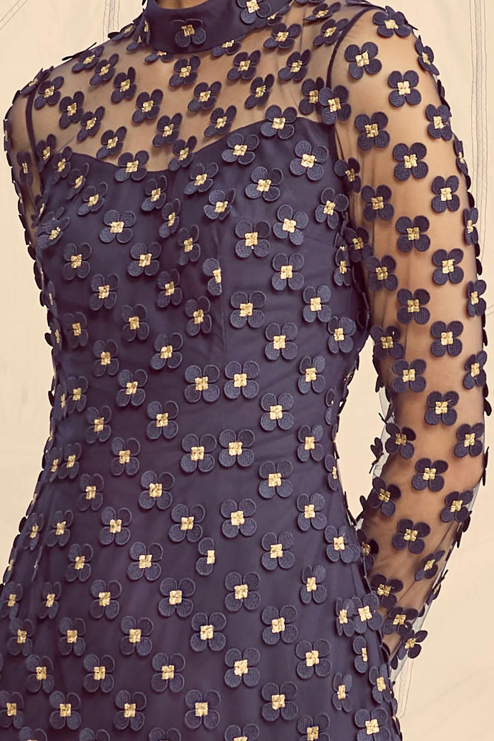 Load image into Gallery viewer, Keres Dress Navy Appliqué Daisy Lace