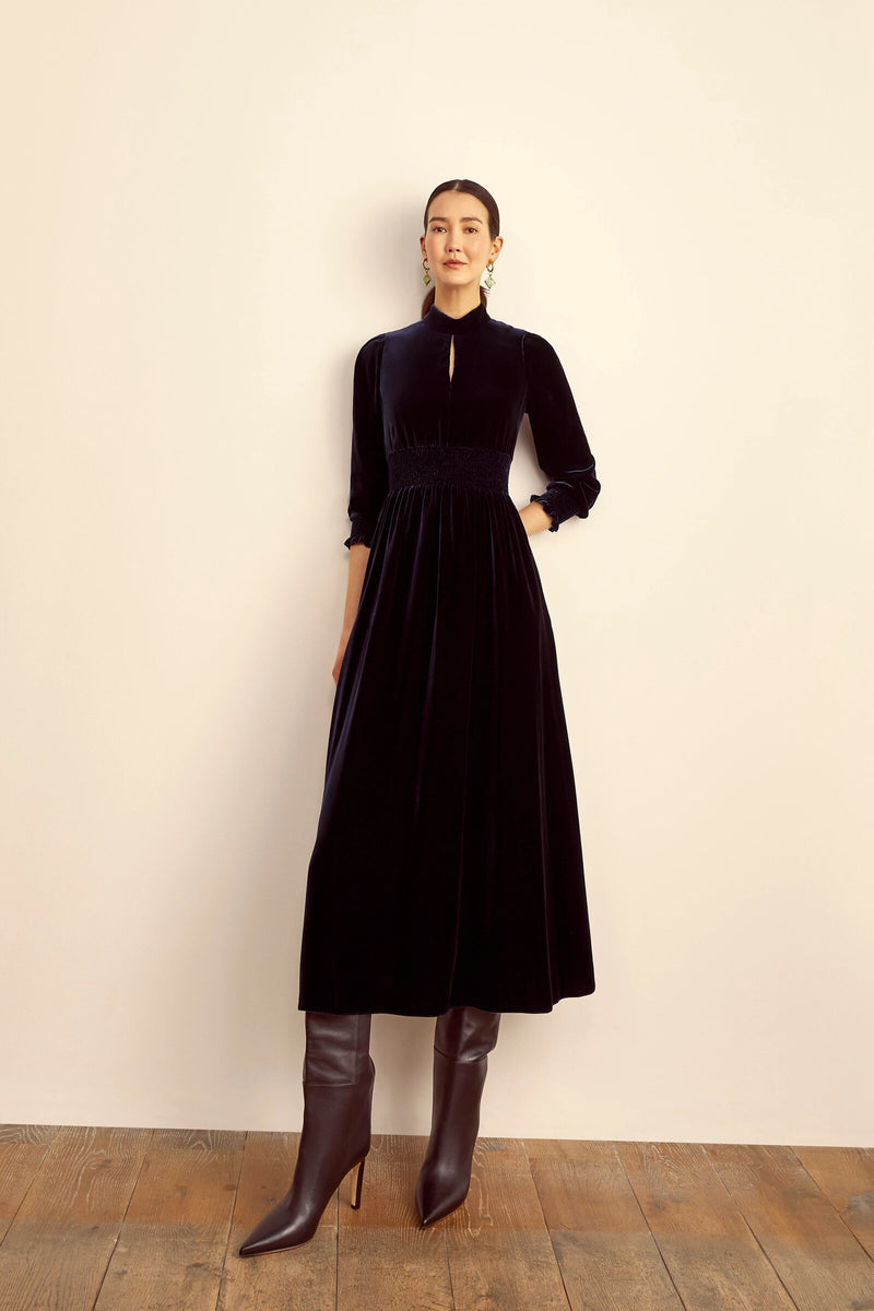 Load image into Gallery viewer, Kumiko Dress Navy Velvet - ARCHIVE SALE