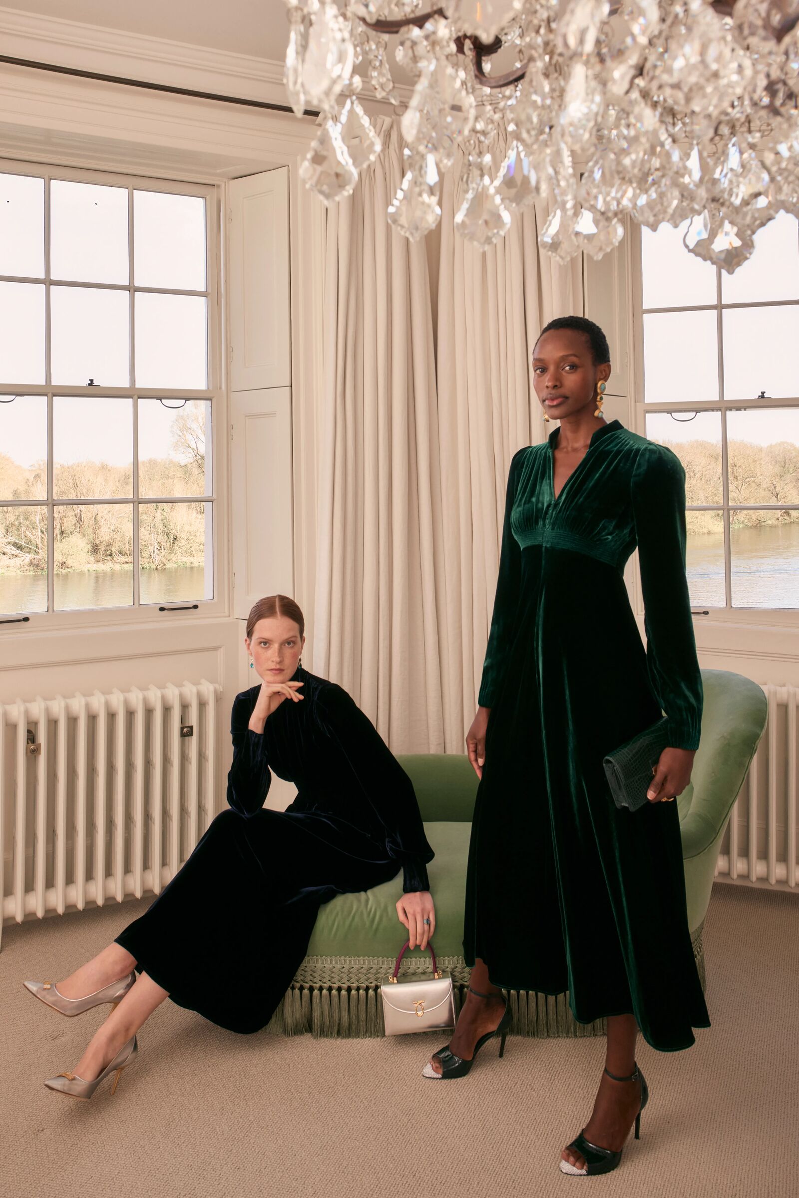 ワンピース OLYMPIA LE-TAN VELVET DRESS Velvet Grandad Dress | Forest Green | Suzannah London