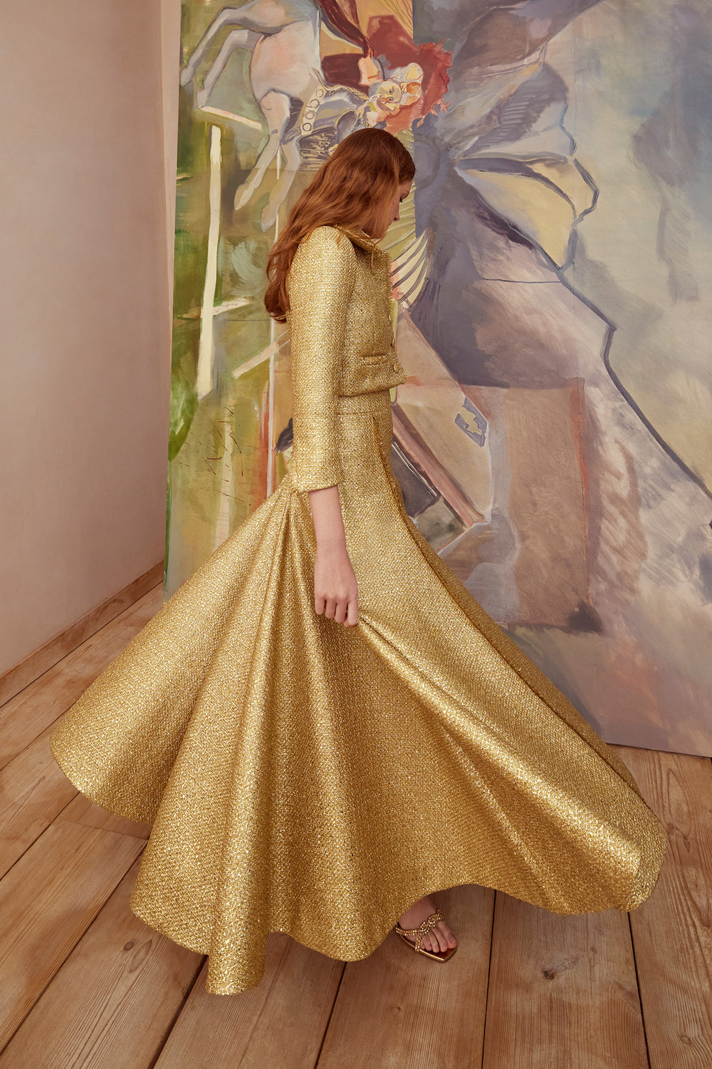Load image into Gallery viewer, Zelda Full Skirt Gold Tweed