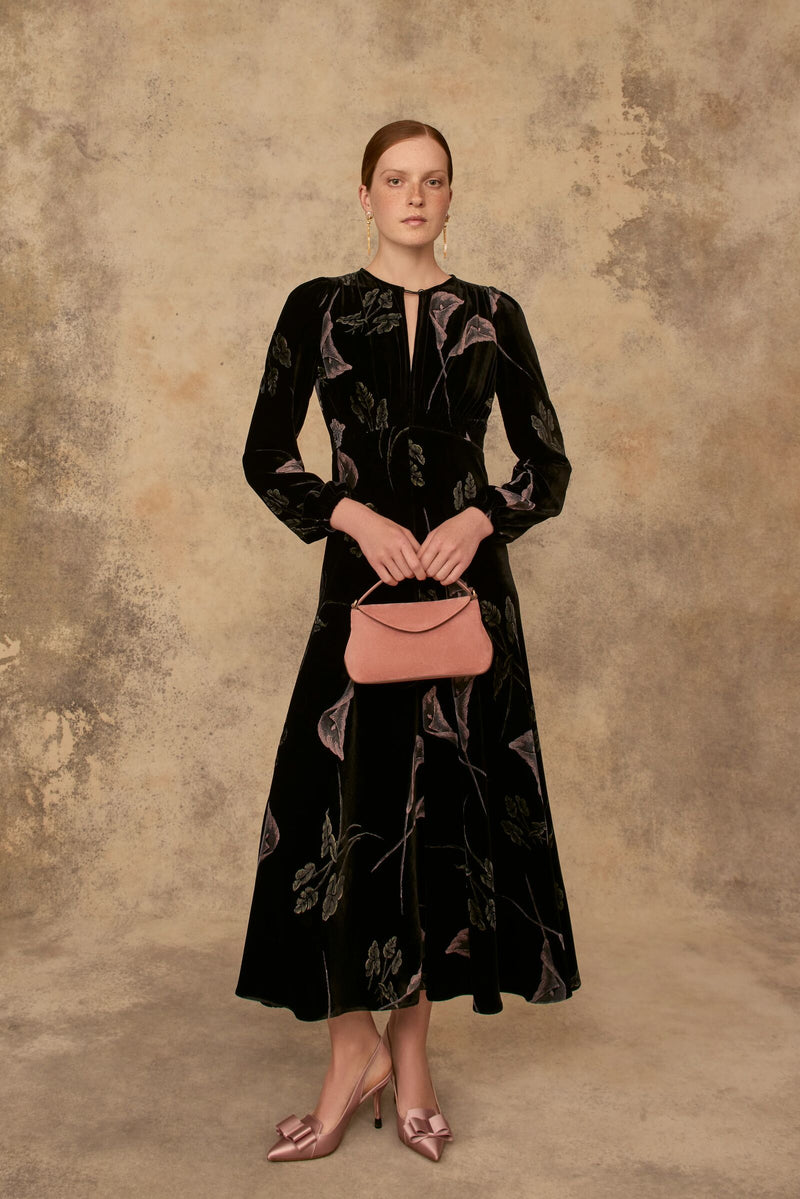 Load image into Gallery viewer, Lily Printed Black Velvet Tea Dress