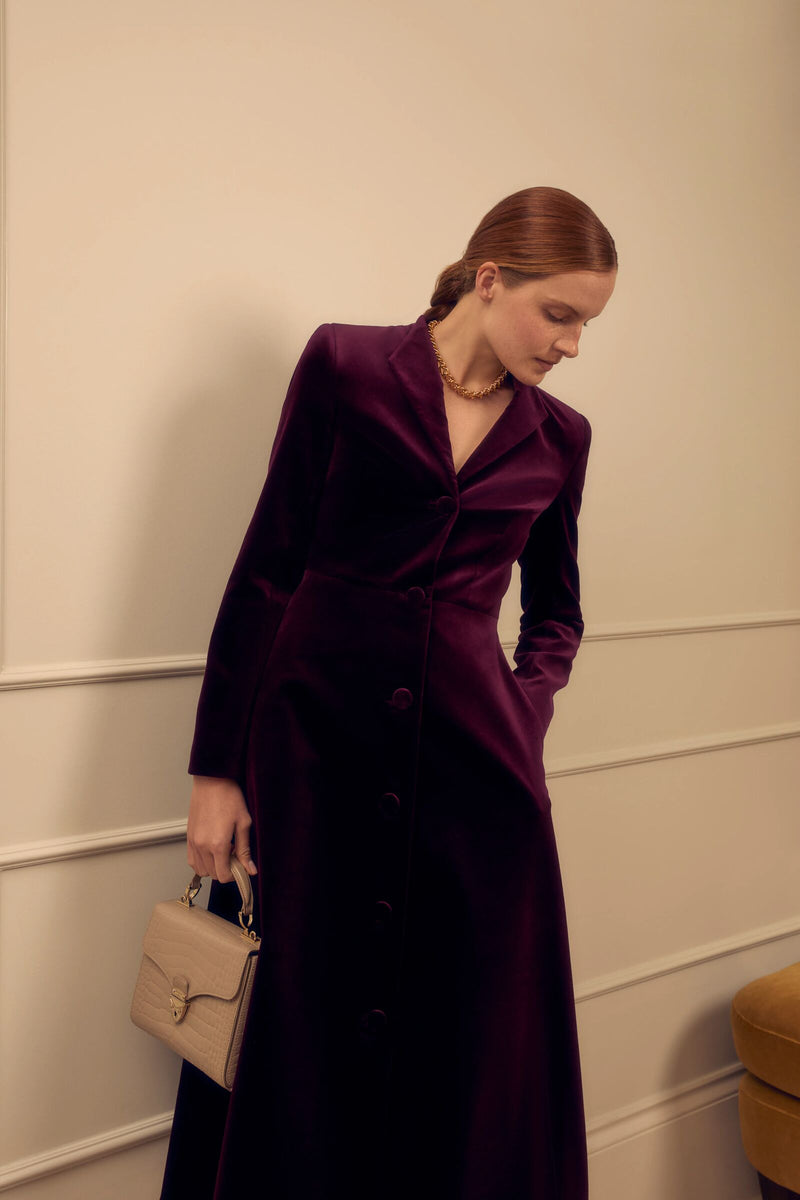 Load image into Gallery viewer, Louisa Coat Dress Plum Velvet ARCHIVE SALE