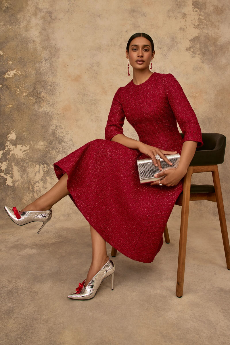 Load image into Gallery viewer, Lucy Midi Dress Metallic Tweed Red