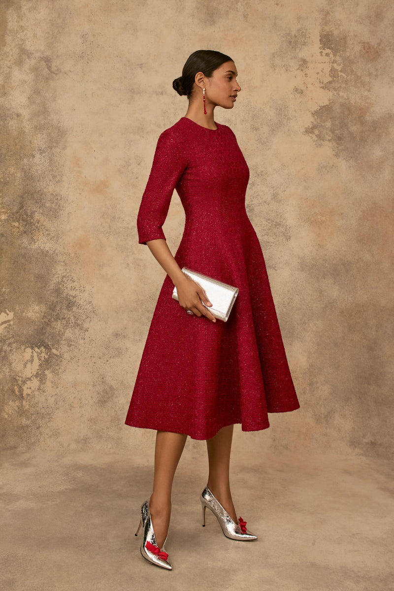 Load image into Gallery viewer, Lucy Midi Dress Metallic Tweed Red