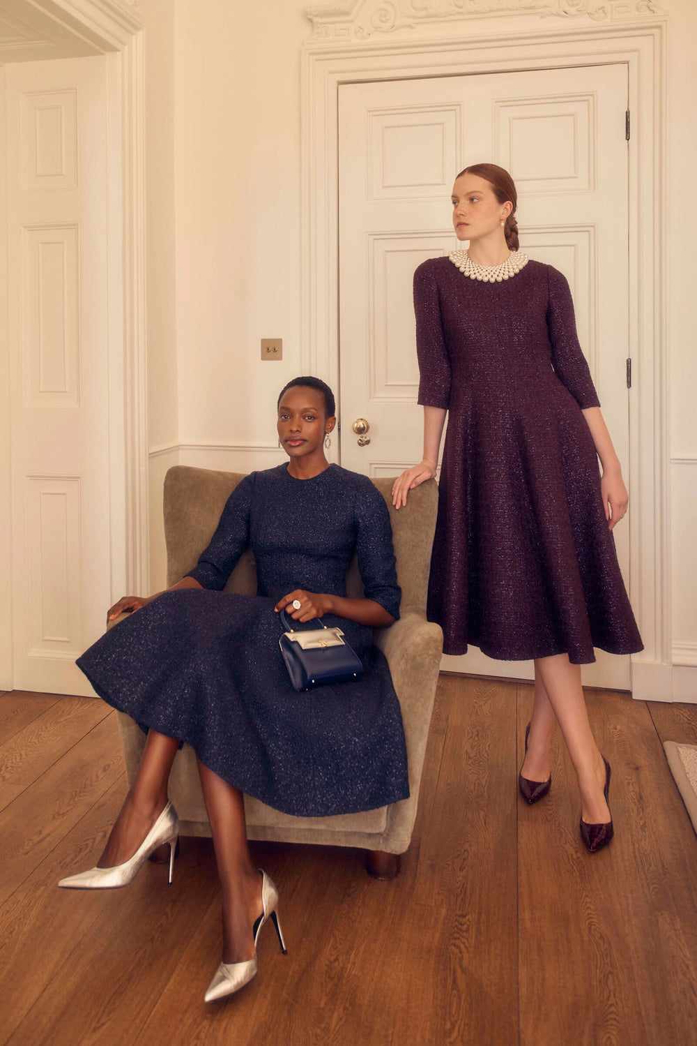 Load image into Gallery viewer, Lucy Midi Dress Metallic Tweed Aubergine