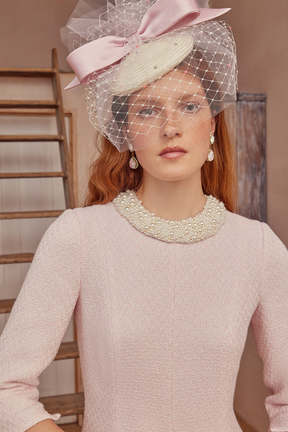 Load image into Gallery viewer, Bunty Veiled Straw Button Hat with Bow x Awon Golding