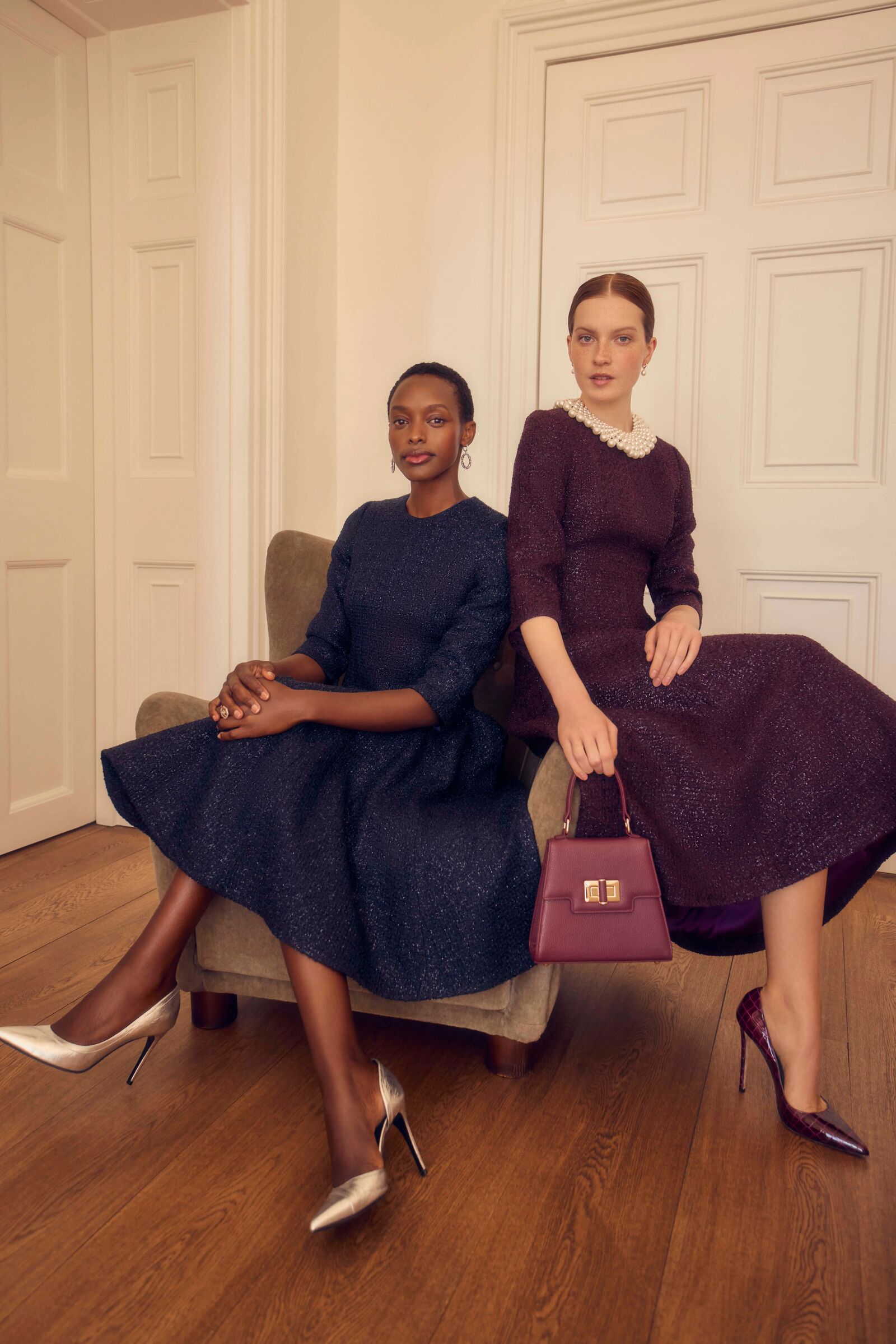 Lucy Midi Dress Metallic Tweed Aubergine | Luxury Occasion Dresses