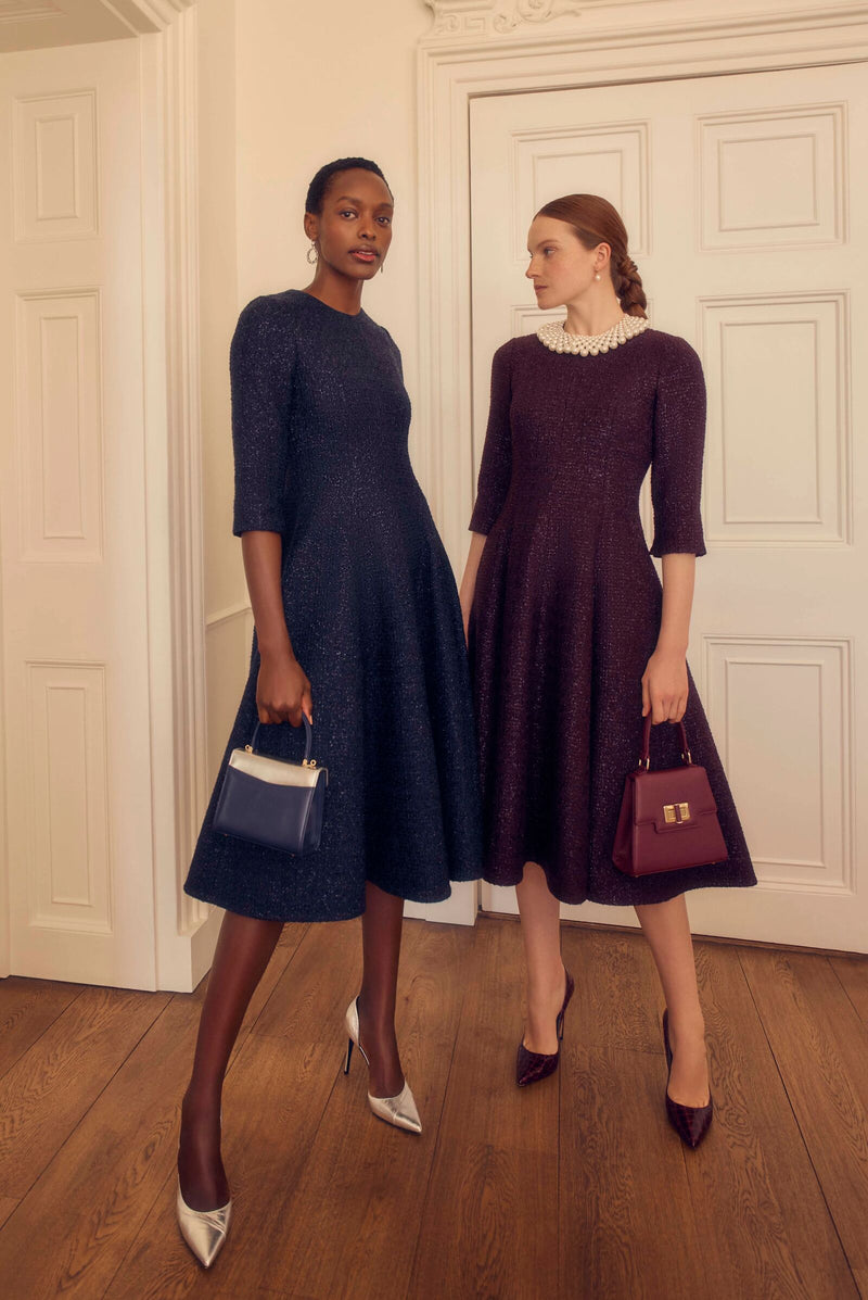 Load image into Gallery viewer, Lucy Midi Dress Metallic Tweed Navy