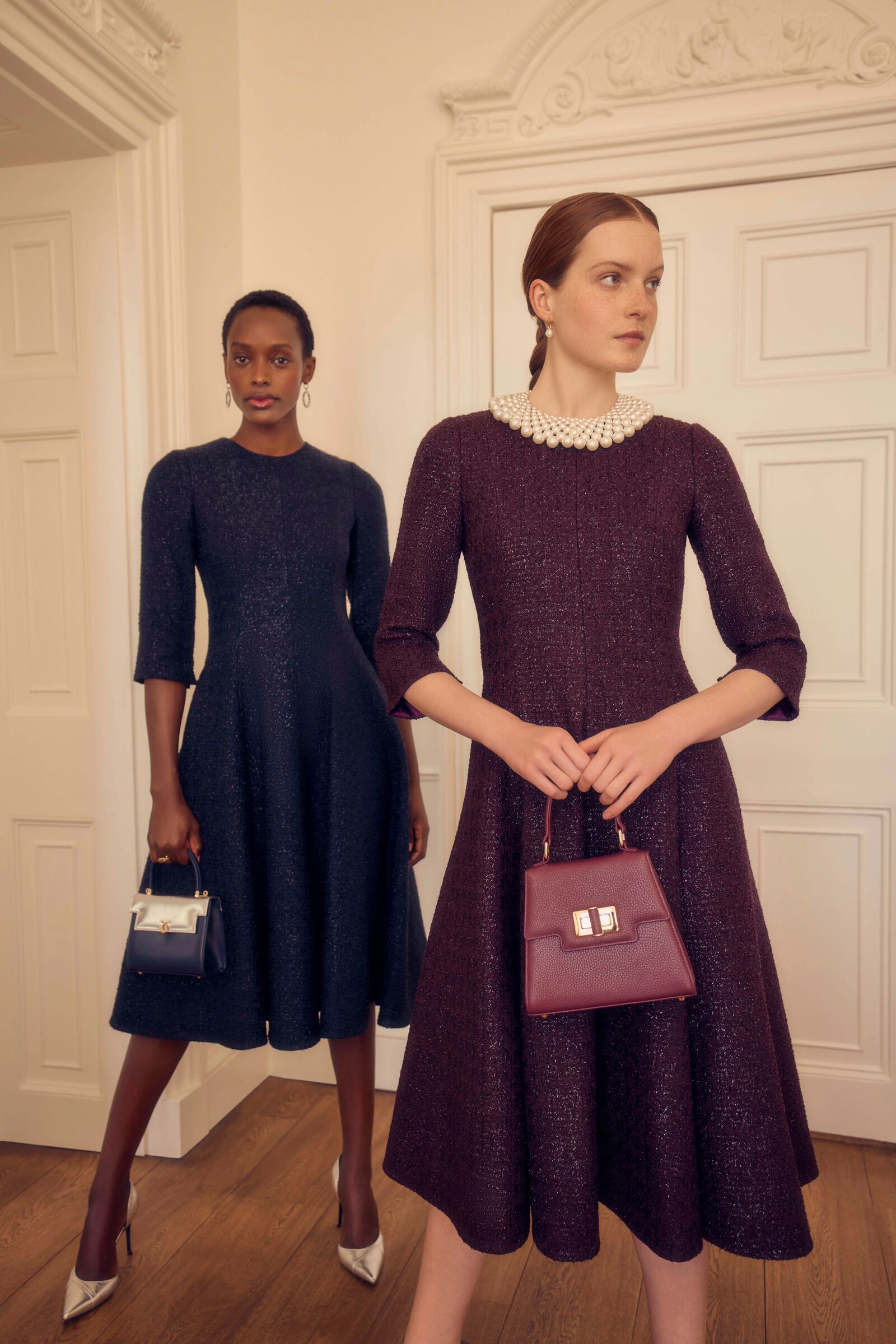Lucy Midi Dress Metallic Tweed Aubergine | Luxury Occasion Dresses