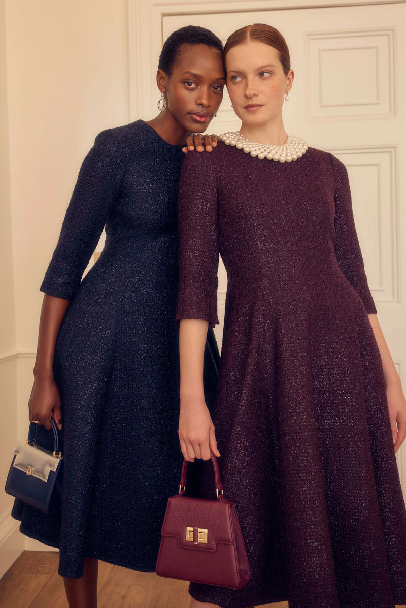 Load image into Gallery viewer, Lucy Midi Dress Metallic Tweed Navy