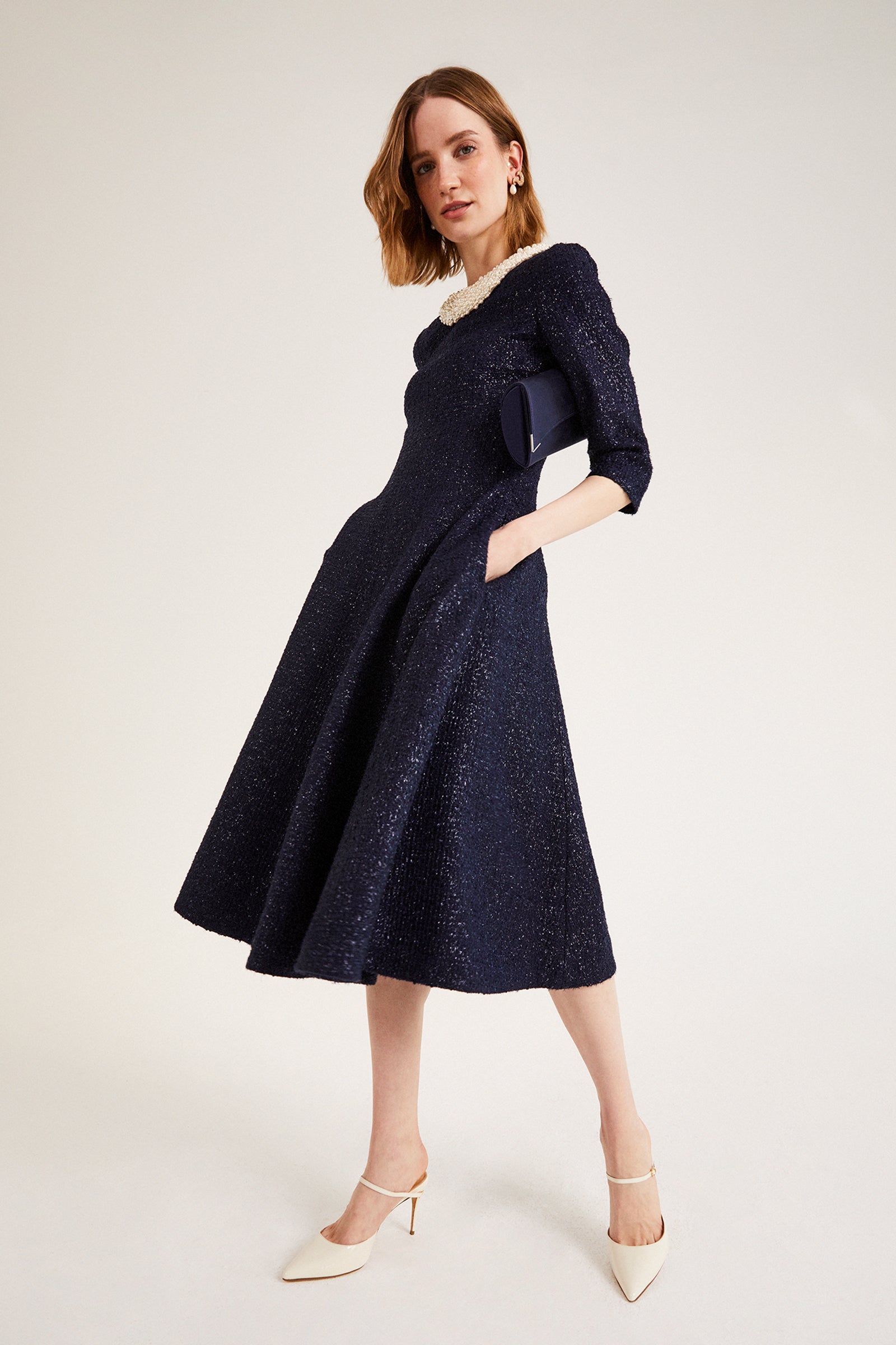 Lucy Midi Dress Metallic Tweed Navy | Luxury Occasion Dresses Suzannah London Lucy Midi Dress Metallic Tweed Navy | Luxury Occasion Dresses Suzannah London