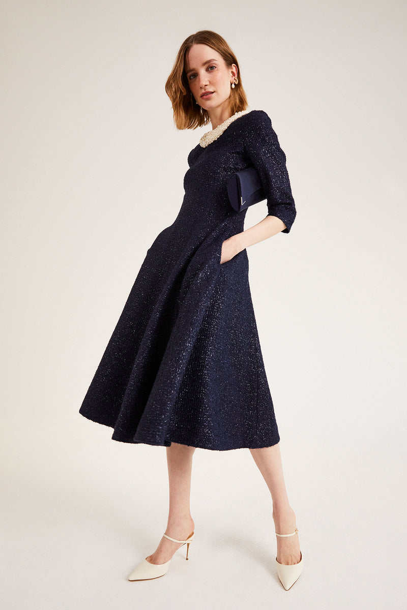 Load image into Gallery viewer, Lucy Midi Dress Metallic Tweed Navy