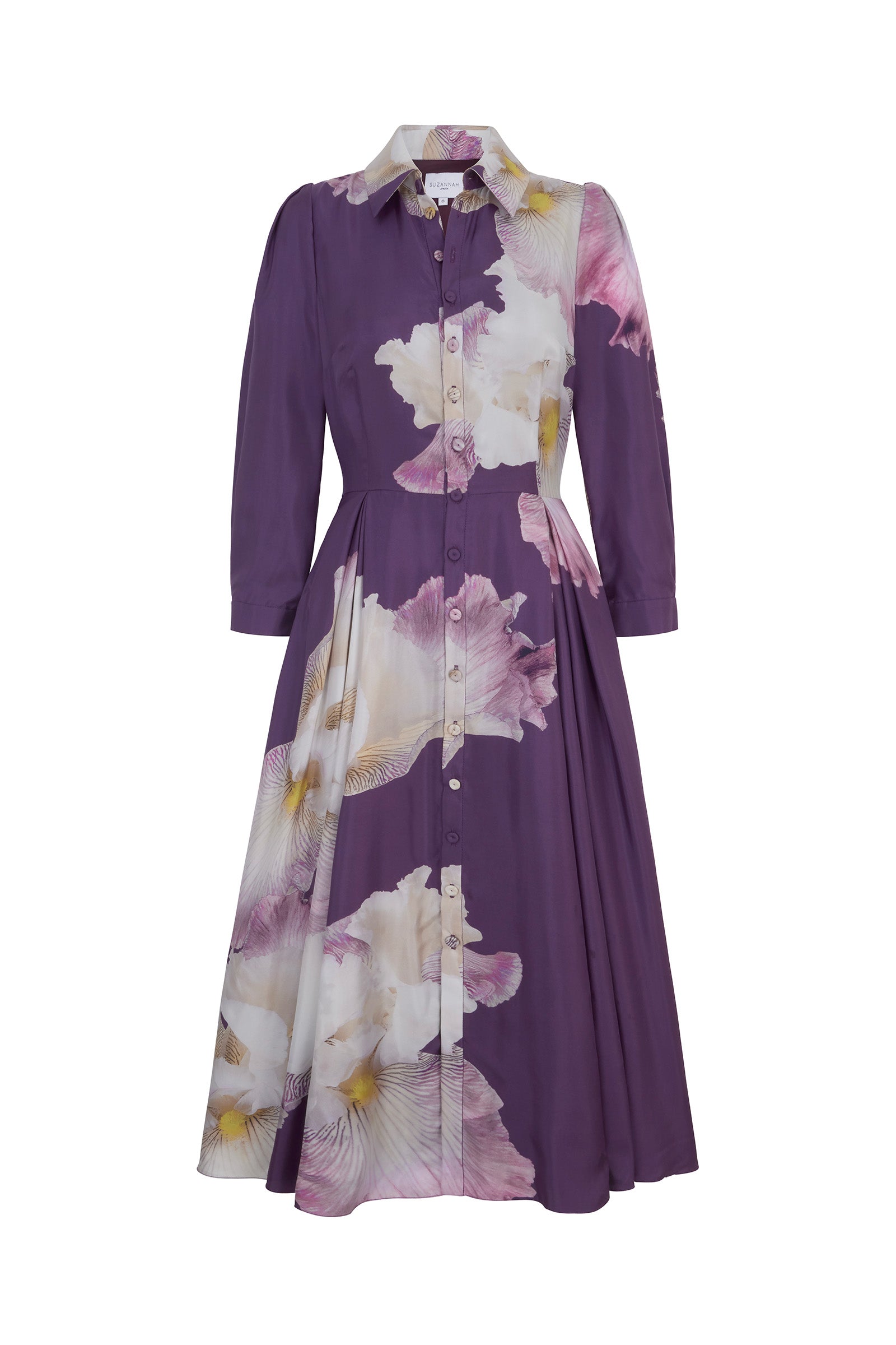 Suzannah London | Montecito Silk Shirt Dress in Purple Floral Iris Print by Rachel Levy | Designer Floral Dress Suzannah London | Montecito Silk Shirt Dress in Purple Floral Iris Print by Rachel Levy | Designer Floral Dress