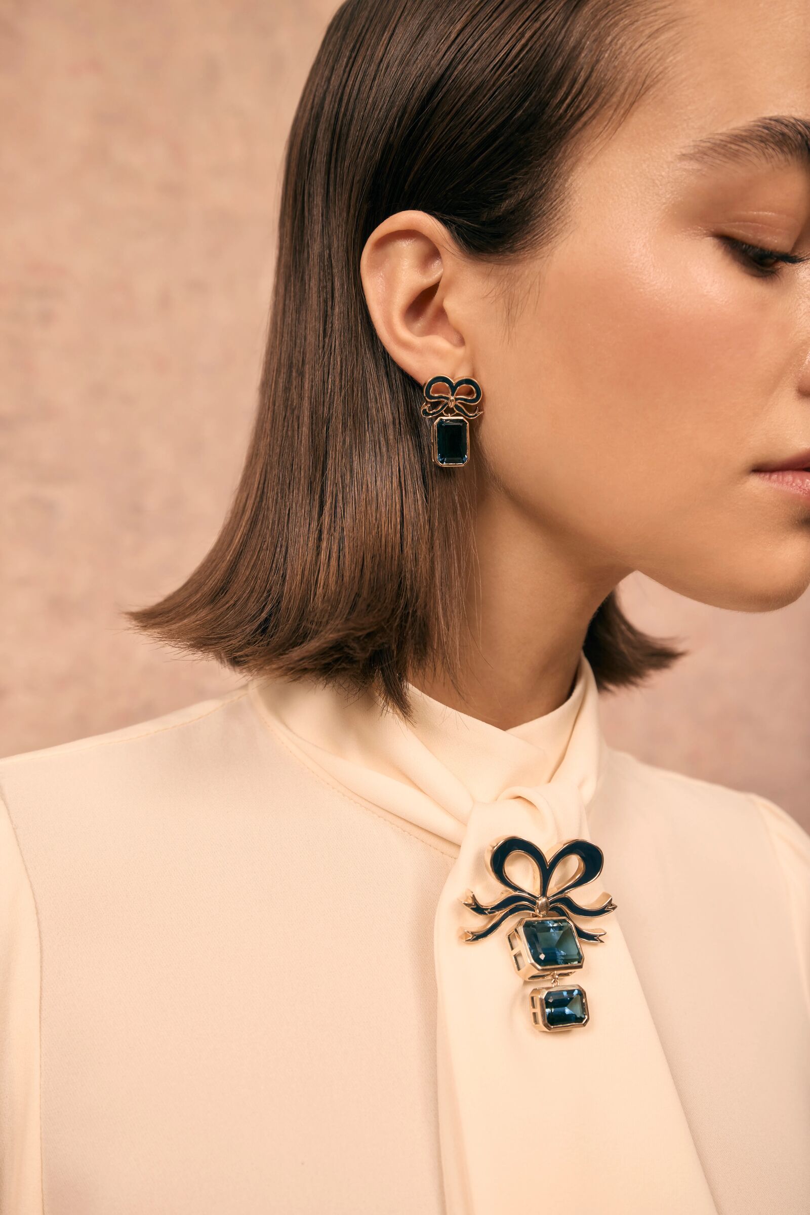 Gold and London Blue Topaz Bow Brooch Suzannah London x Philippa Herbert