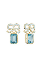 Load image into Gallery viewer, Gold and Topaz Bow Earrings Swiss Blue Suzannah London x Philippa Herbert