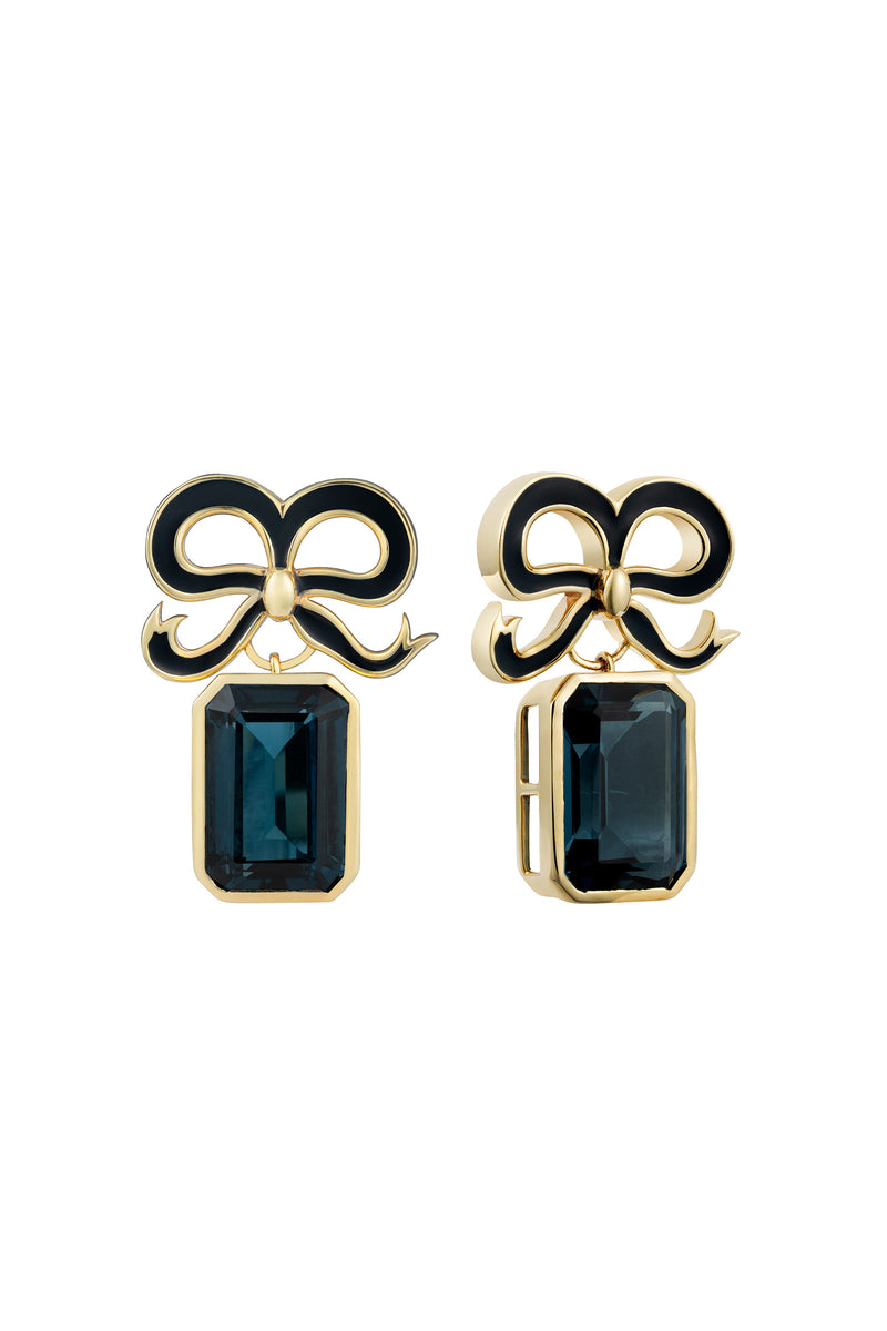 Load image into Gallery viewer, Solid Gold and Topaz Bow Earrings London Blue x Philippa Herbert