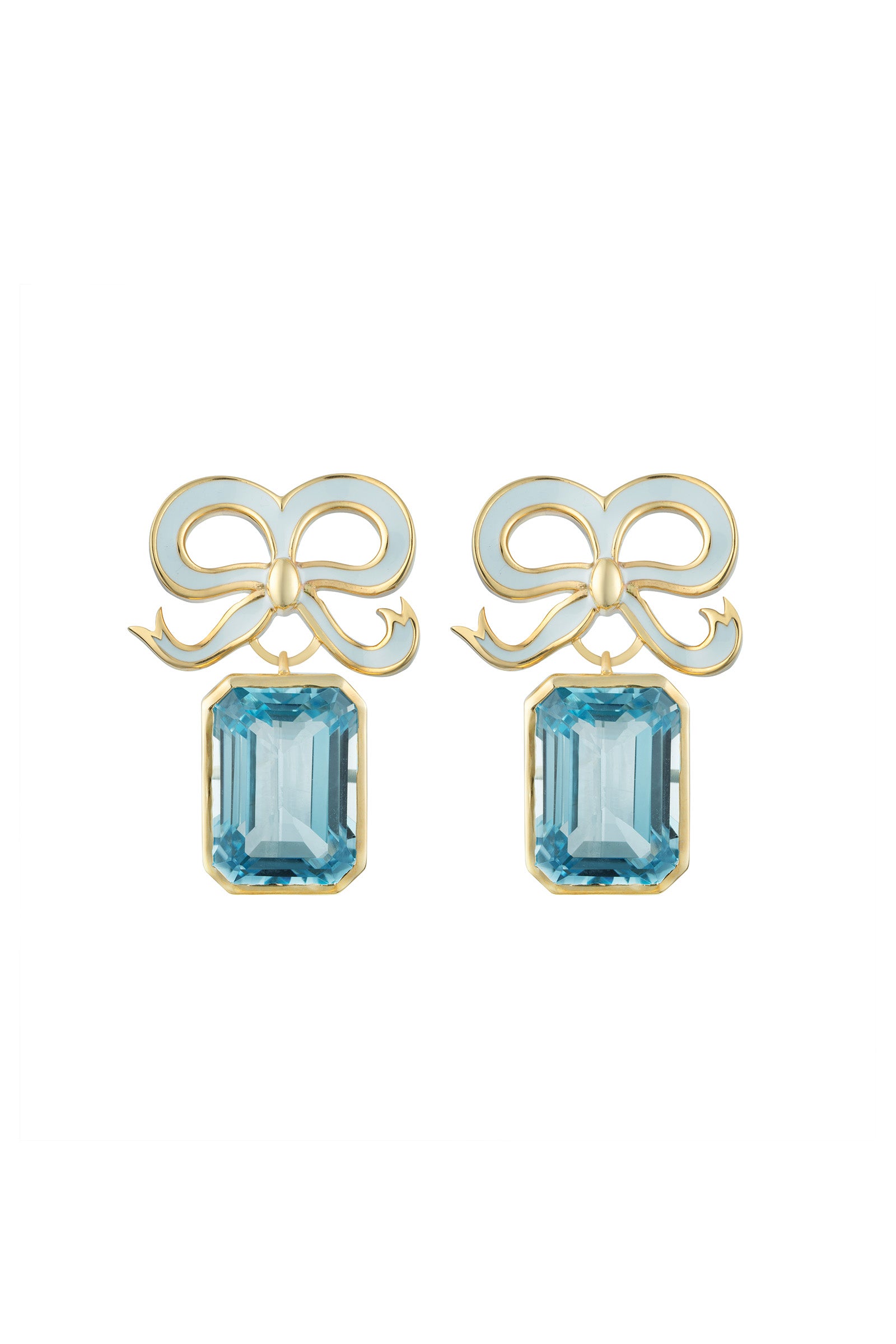 Gold and Topaz Bow Earrings Swiss Blue Suzannah London x Philippa Herbert