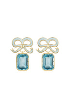 Load image into Gallery viewer, Gold and Topaz Bow Earrings Swiss Blue Suzannah London x Philippa Herbert