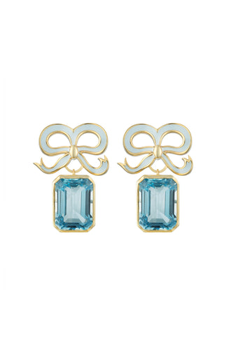 Gold and Topaz Bow Earrings Swiss Blue Suzannah London x Philippa Herbert