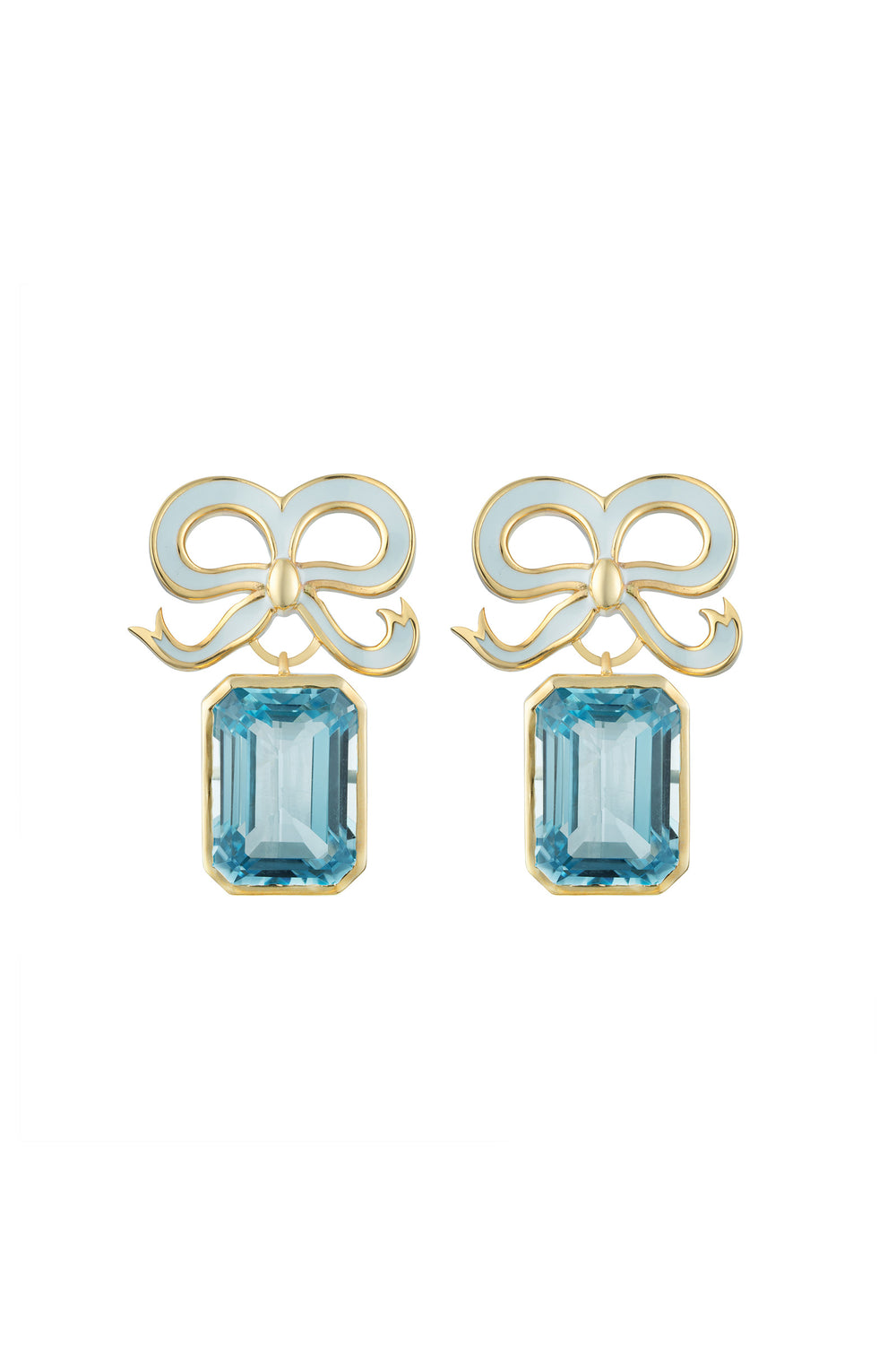 Load image into Gallery viewer, Gold and Topaz Bow Earrings Swiss Blue Suzannah London x Philippa Herbert