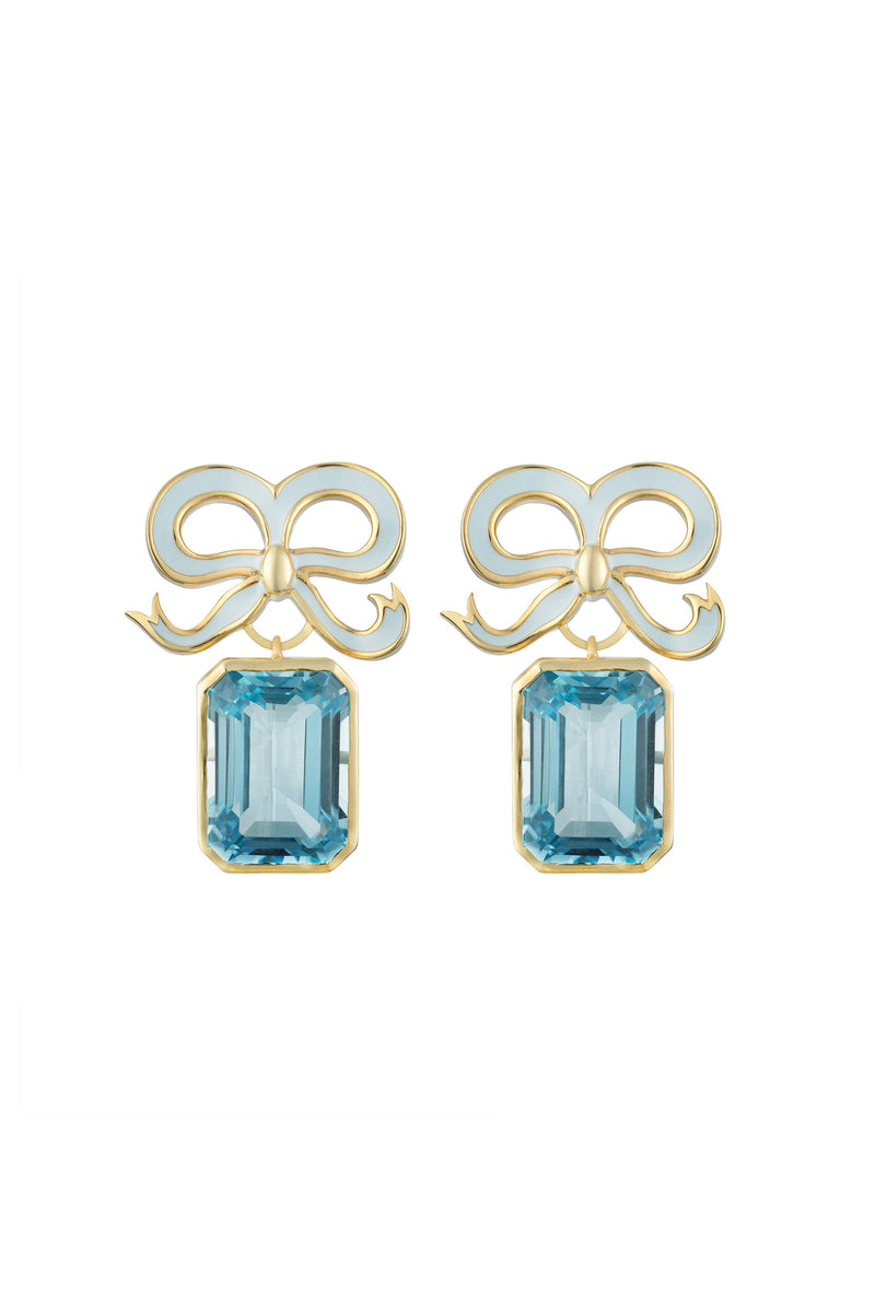 Gold and Topaz Bow Earrings Swiss Blue Suzannah London x Philippa Herbert