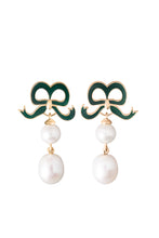Load image into Gallery viewer, Solid Gold and Freshwater Pearl Earrings with Green Bow x Philippa Herbert
