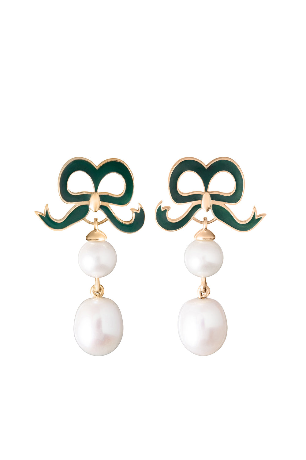 Load image into Gallery viewer, Solid Gold and Freshwater Pearl Earrings with Green Bow x Philippa Herbert