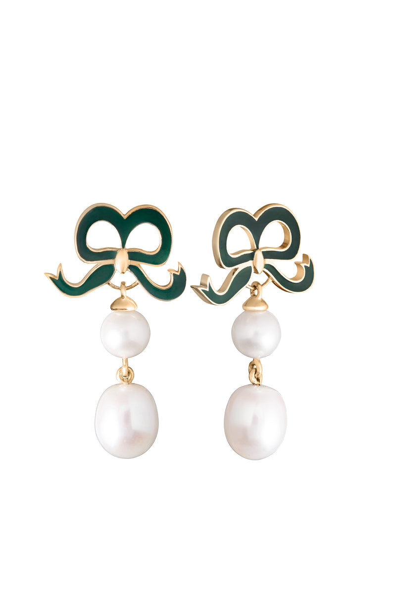 Load image into Gallery viewer, Solid Gold and Freshwater Pearl Earrings with Green Bow x Philippa Herbert