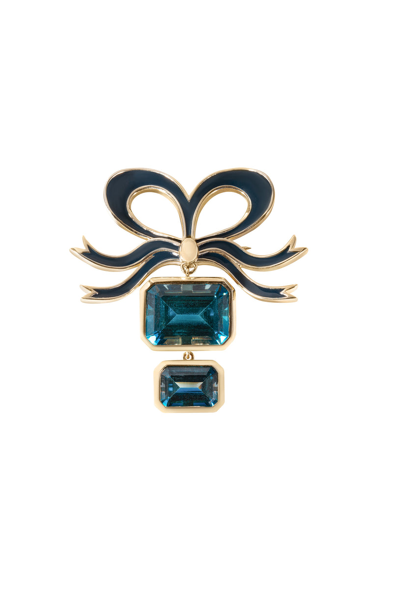 Gold and London Blue Topaz Bow Brooch Suzannah London x Philippa Herbert