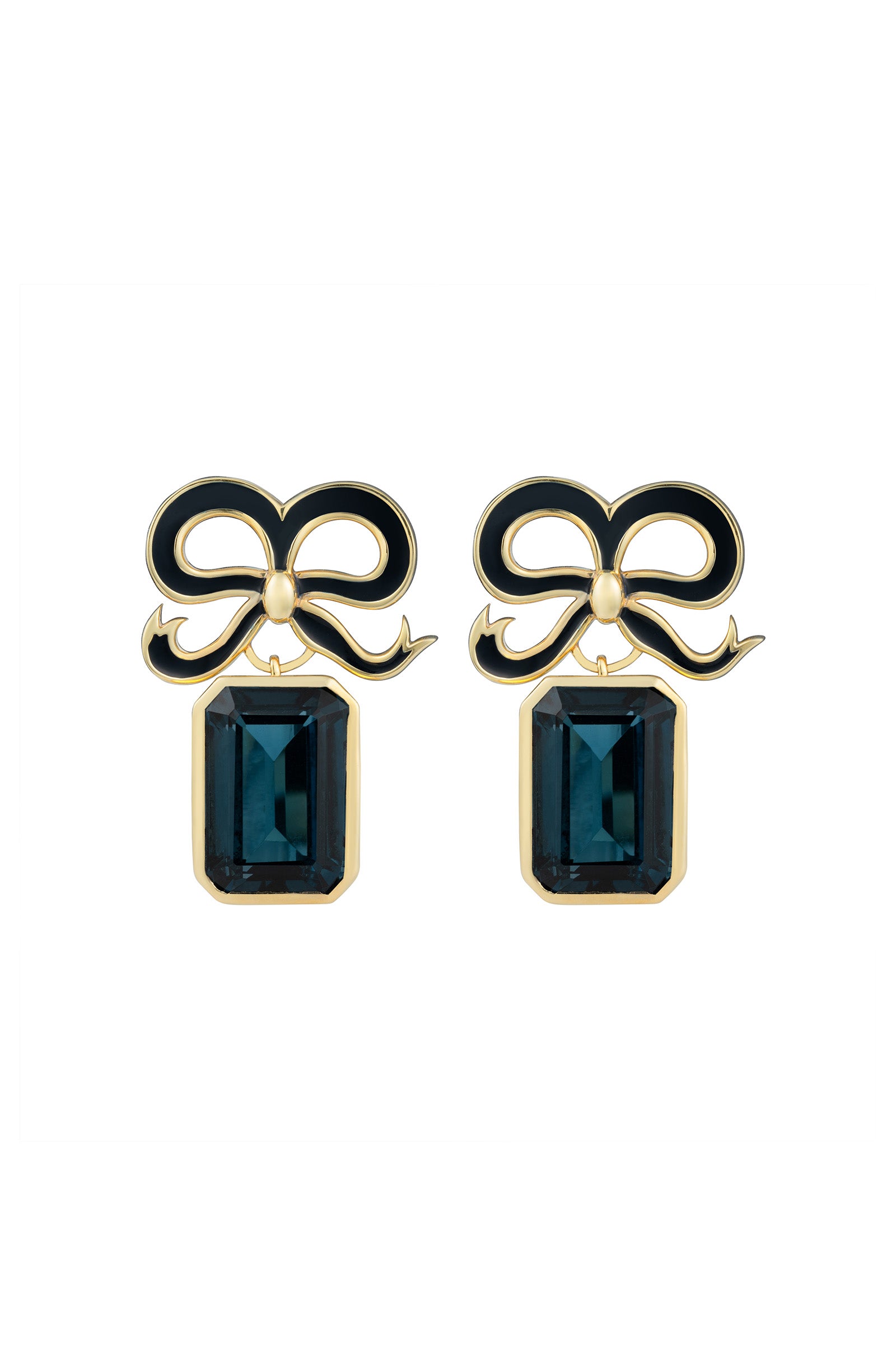Gold Bow Earrings with London Blue Topaz Drops Suzannah London x Philippa Herbert