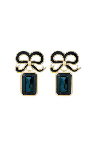 Gold Bow Earrings with London Blue Topaz Drops Suzannah London x Philippa Herbert