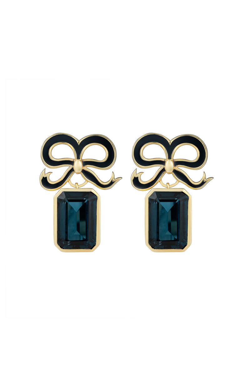 Gold Bow Earrings with London Blue Topaz Drops Suzannah London x Philippa Herbert