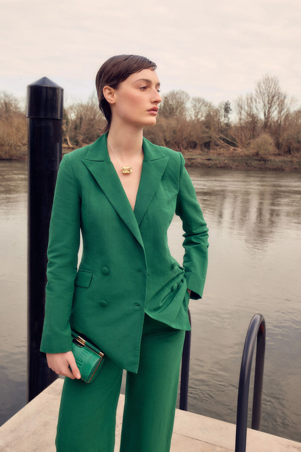 Load image into Gallery viewer, Rappalo Double Breasted Blazer Green Linen