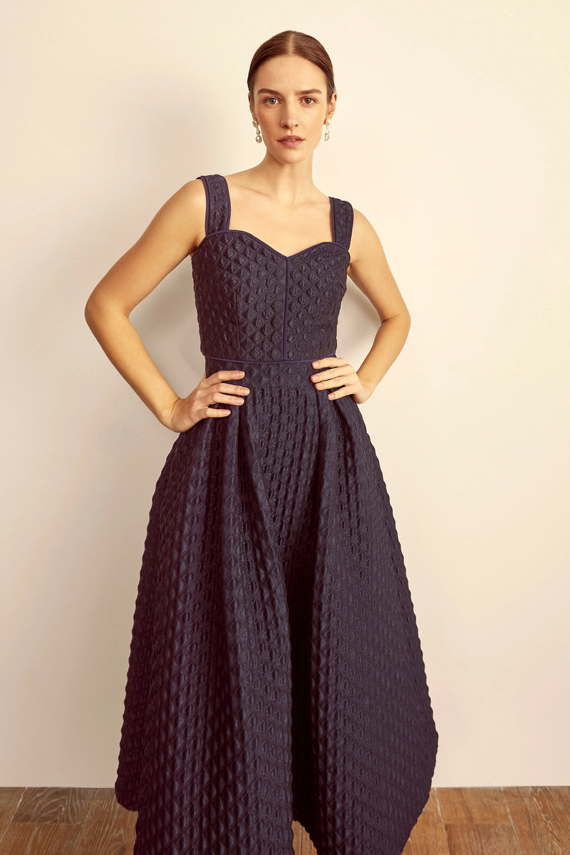 Load image into Gallery viewer, Remy Structured Bodice Top Navy Diamond Cloqué - ARCHIVE SALE