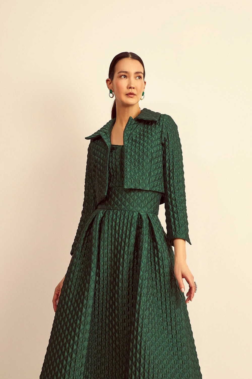 Load image into Gallery viewer, Remy Structured Bodice Top Forest Green Diamond Cloqué