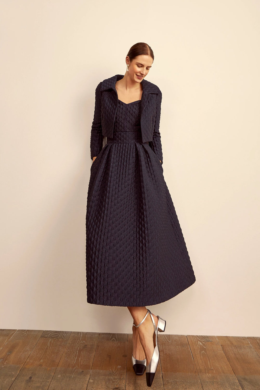 Load image into Gallery viewer, Remy Structured Bodice Top Navy Diamond Cloqué