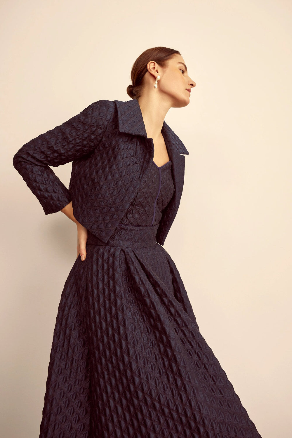 Load image into Gallery viewer, Remy Structured Bodice Top Navy Diamond Cloqué