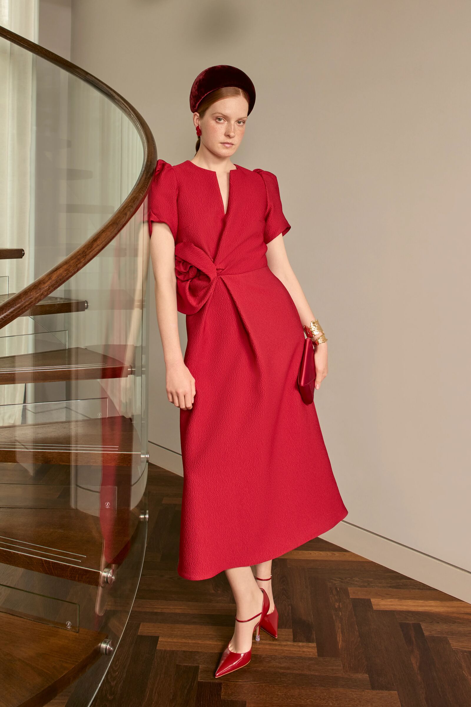 Rose Corsage Dress Lipstick Red Cloqué