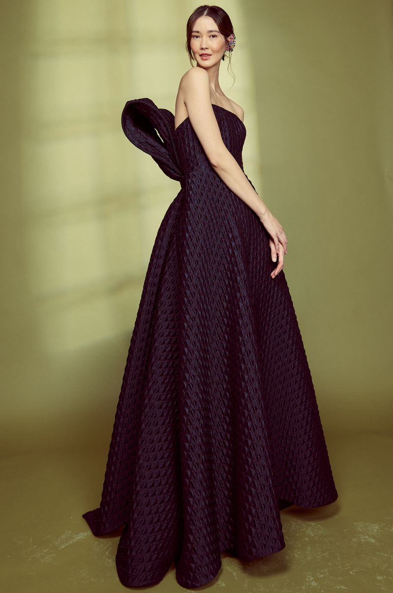 Load image into Gallery viewer, Sculpted Bow Couture Gown Navy ARCHIVE SALE