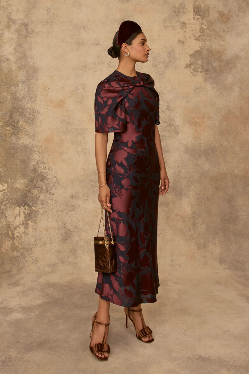 Load image into Gallery viewer, Shenyue Dress Silk Devoré Navy and Merlot