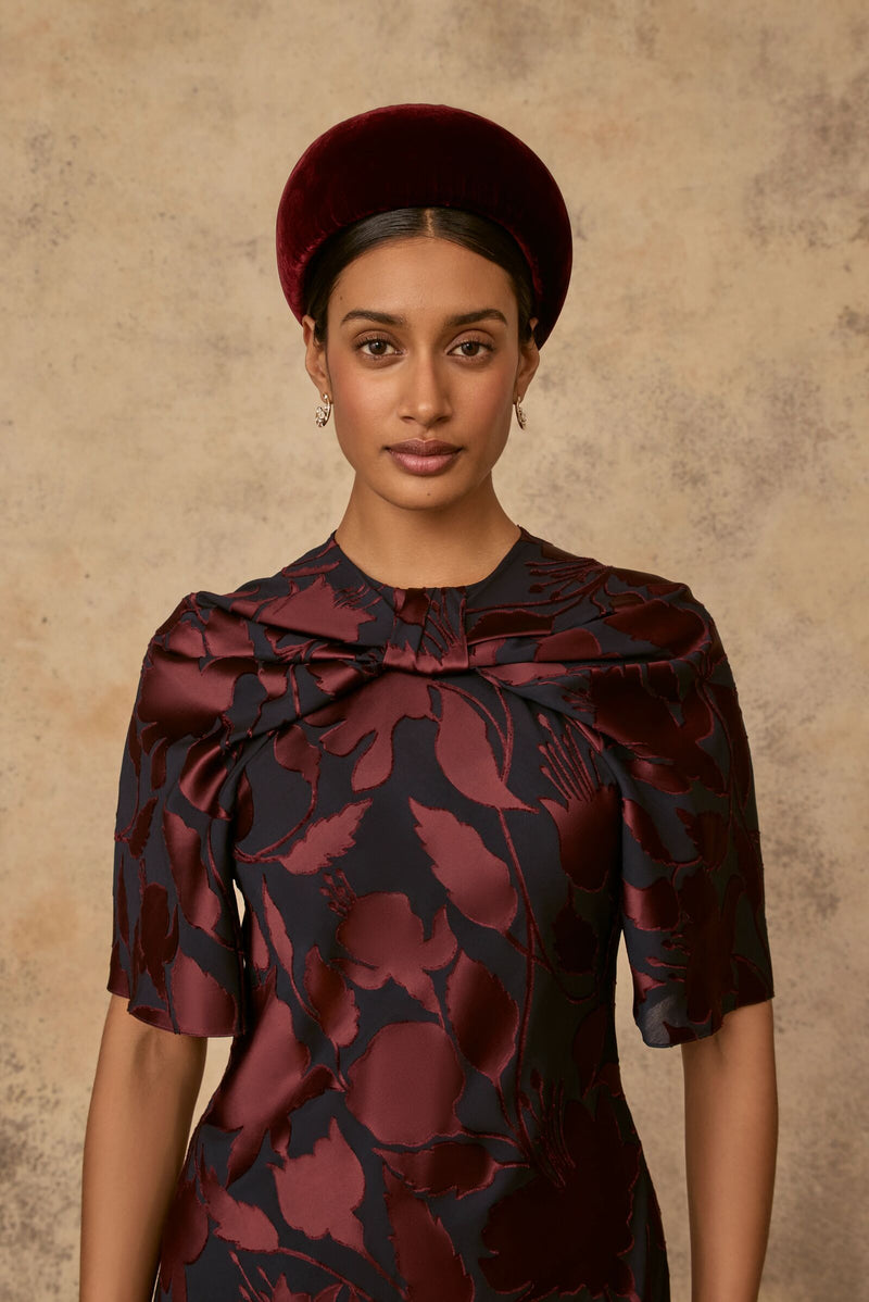 Load image into Gallery viewer, Shenyue Dress Silk Devoré Navy and Merlot