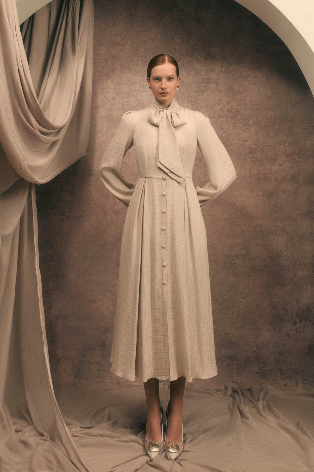 Load image into Gallery viewer, Sidney Jacquard Blouse Dress Camel Windowpane Jacquard