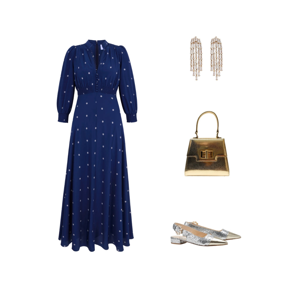 Load image into Gallery viewer, Gabriella Tea Dress Navy Pearl Daisy Dot
