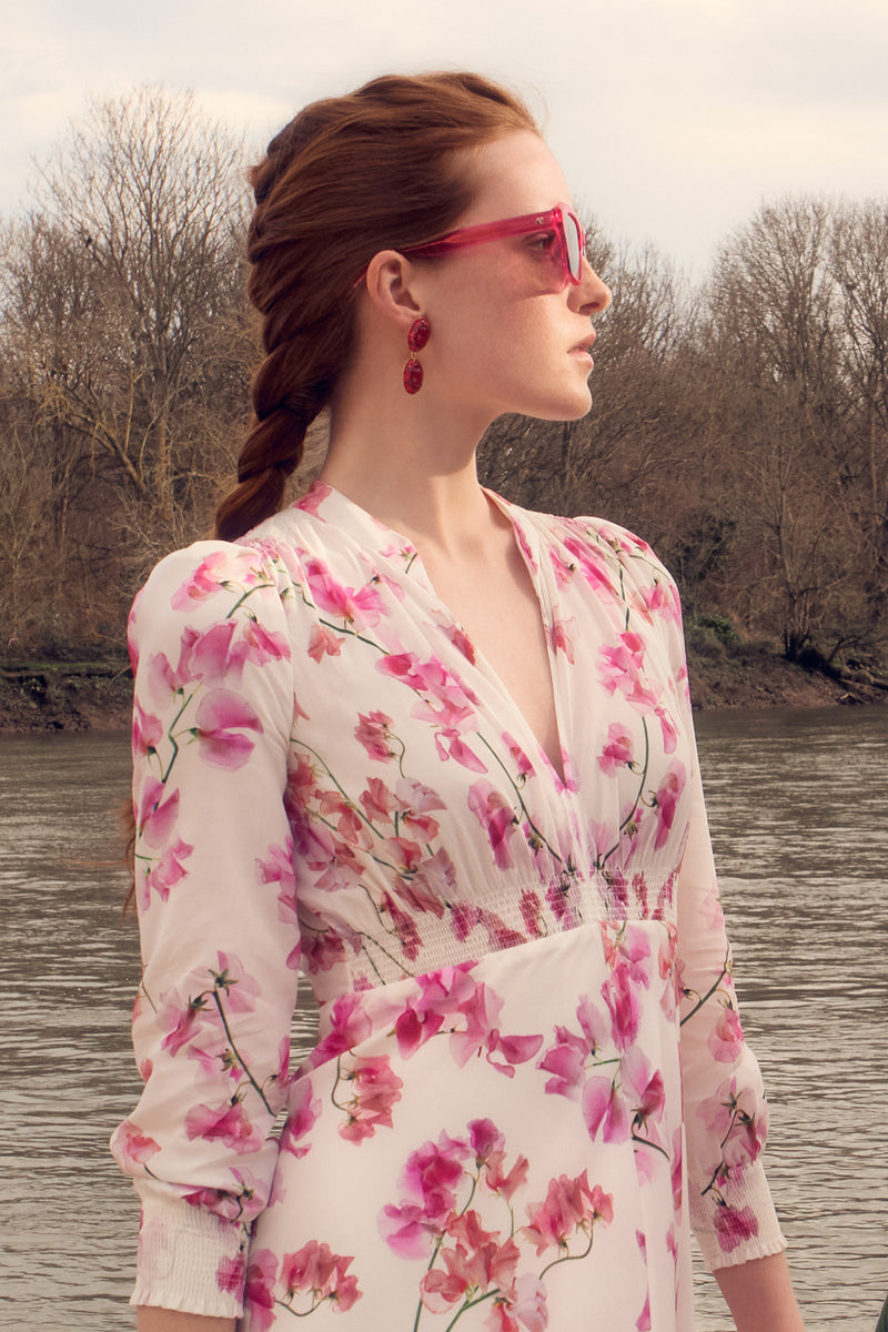 Load image into Gallery viewer, Georgina Silk Tea Dress Sweet Peas - ARCHIVE SALE