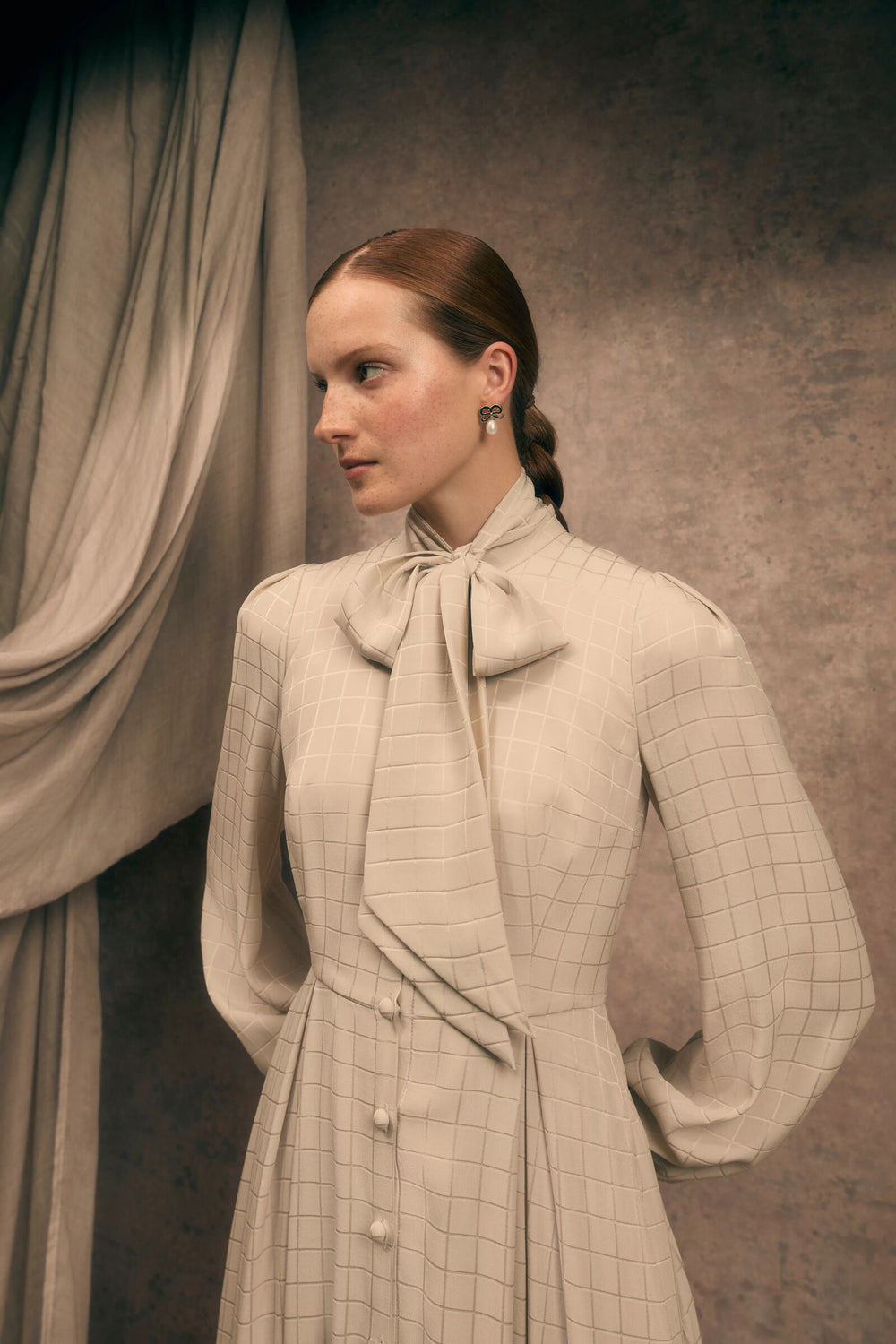 Load image into Gallery viewer, Sidney Jacquard Blouse Dress Camel Windowpane Jacquard