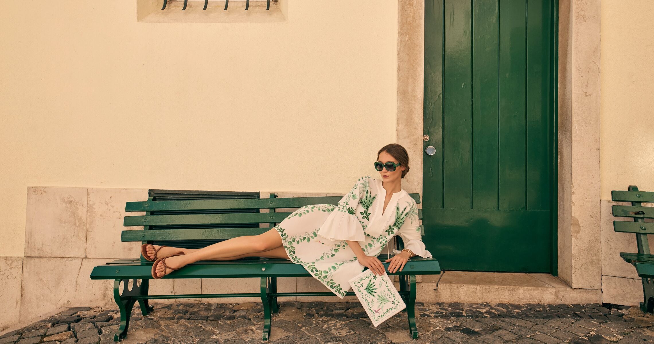 Trailing Leaves Cotton Kaftan Dress and Pochette Set